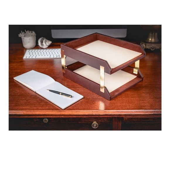 NWT - Dacasso Leather Double Letter Trays, Chocolate Brown (A3420) - Picture 4 of 10